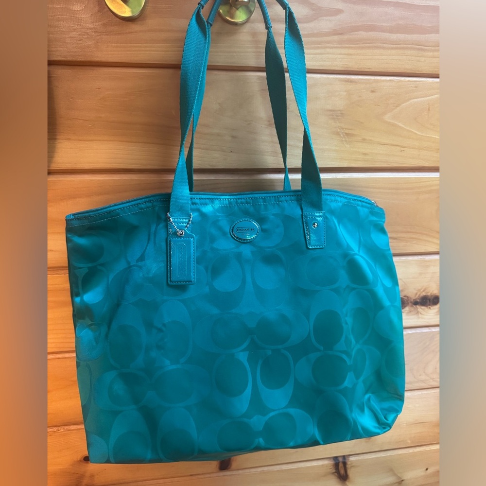 Coach Teal Signature Nylon weekender tote with Cosmetics bag insert